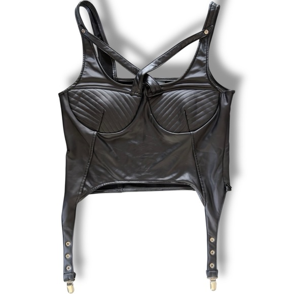 Maniere De Voir Tops - Manière De Voir Black Vegan Leather Corset Top Bustier Garter Detail UK 16 US 12